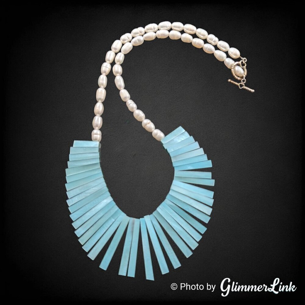 Blue Fringe Shell White Faux Baroque Pearl Silver Tone Toggle Necklace